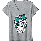 Womens Teal Awareness Sugar Skull V-Neck T-Shirt