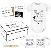 Pregnancy Announcement for Grandparents, Baby Reveal Ideas Gifts - Promoted to Grandma & Grandpa Coffee Mug Set, Baby Onesie, Wooden Positive Pregnancy Test, Baby Reveal Card