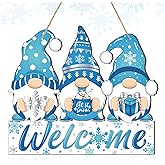 Panelee Winter Welcome Door Sign Gnome Hanging Decoration Let It Snow Wooden Gnome Sign Blue Snowflake Door Hanger with Rope Hanging Decoration for Front Porch Home Winter
