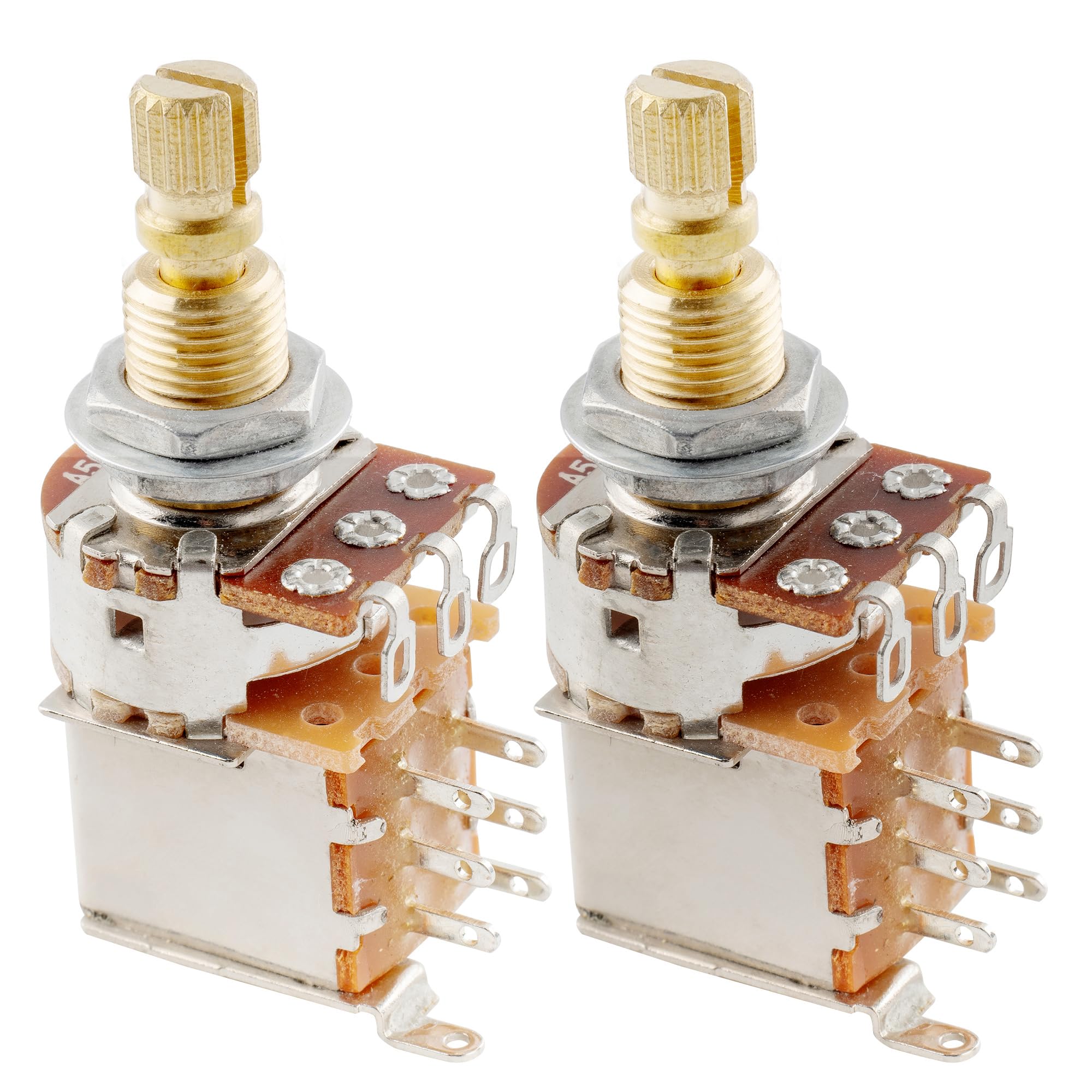 Musiclily Pro Brass Full Metric Sized Split Shaft Control Pots A500K Push/Push Audio Taper Potentiometers for Guitar (Set of 2)