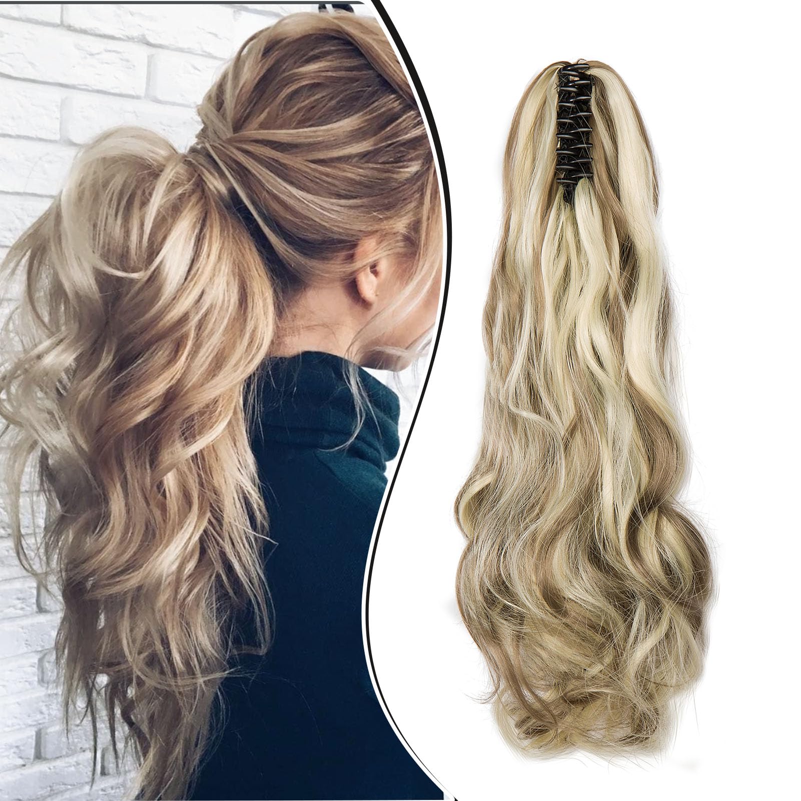 Dcbaboo Ponytail Extension Curly 18inch Claw Clip in Ponytail Hair Extensions Long Wavy Synthetic Pony tails Natural Wave One Piece Hairpiece Fake Ponytail for Women, Ash Blonde/Bleach Blonde โ image 1
