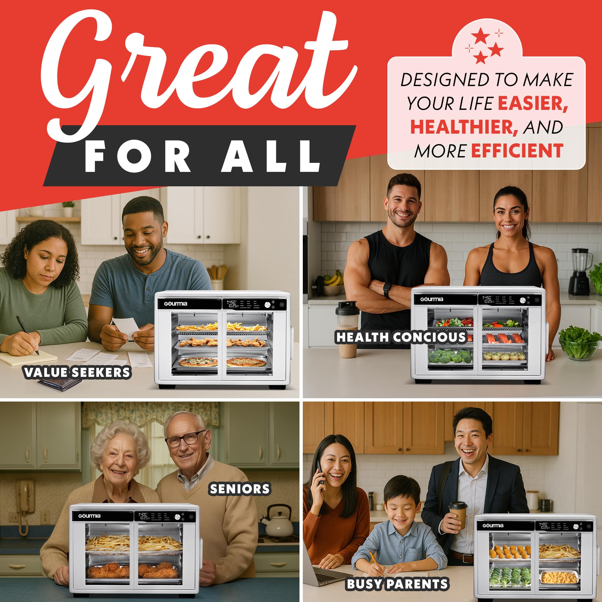 Gourmia Horno freidora de aire digital con puerta francesa - Capacidad XL 37QT, 12 presintonías, tecnología FryForce 360°, deshidratación, prueba, cocción lenta, se adapta a pizza de 13", 1700W, blanco