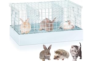 DoubleFill 3 Hole Folding Rabbit Cage, Portable Bunny Carrier with Tray and Handles for Transport, Travel or Temporary Housing, Indoor Outdoor Pet Habitat Animal Enclosure(Sliver,18 x 12 x 10 in)