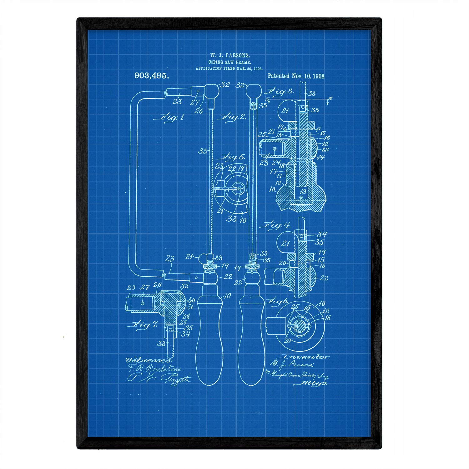 Nacnic Poster patent Marco saw. Sheet with old design patent A3 size with blue background