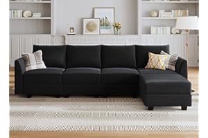 HONBAY Modular Sectional Sofa Velvet L Shaped Couch with Storage Ottoman Convertible Sectional Couch 4-Seat Sofa with Reversible Chaise, Black