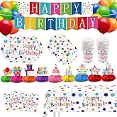 127Pcs Happy Birthday Party Supplies Decorations Set - Dot Design Disposable Tableware Kit with Plates, Napkins, Cups, Tablecloth, Banner, Balloons & Honeycomb Centerpieces for Boys Girls, Serves 24