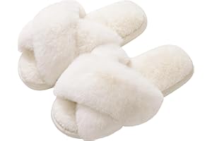 Evshine Women's Fuzzy Slippers Cross Band Memory Foam House Slippers Open Toe