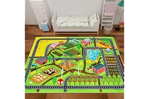 Mfmiudole Kids Rug Play Rug for Toy Cars, 39.4"×59" Farm Life Road Traffic for Playroom Kid Car Road Mat Village Map Play Mat Non-Slip Washable Carpet for Toddler Boy Family Tummy Time Playtime