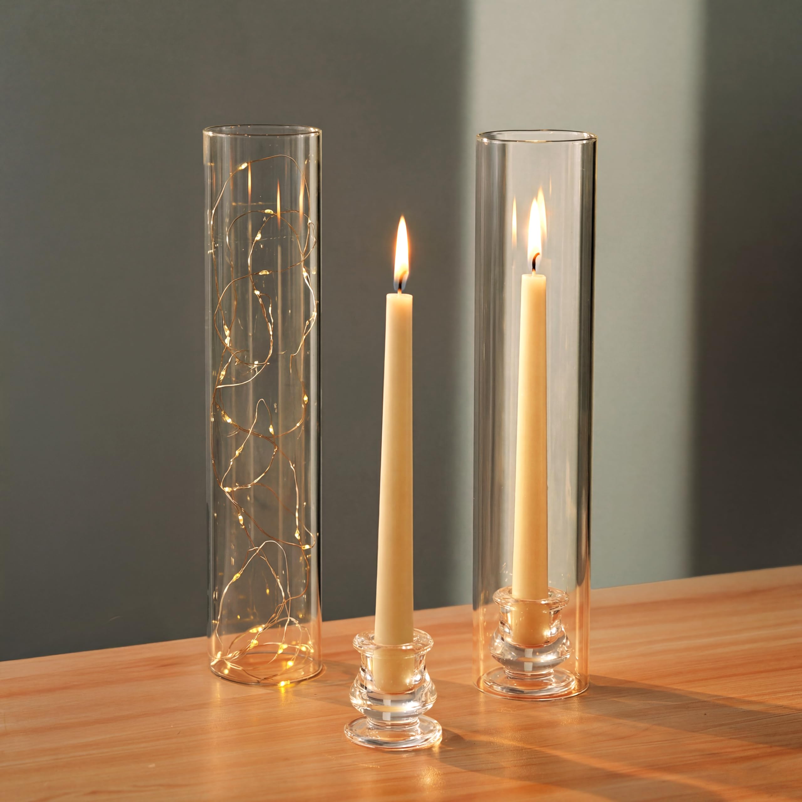 NUPTIO Taper Candle Holders Glass: Set of 2 Clear Hurricane Candlestick Holder 30cm Tall - Tapered Candles Stick Stand with Windproof Cylinder Cover for Fireplace Dining Room Decor