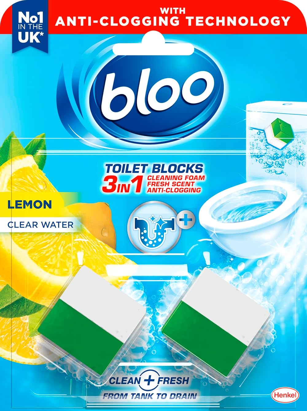 Bloo 3in1 Toilet Blocks 2 Pack Lemon Cistern Cleaner Foaming Limescale