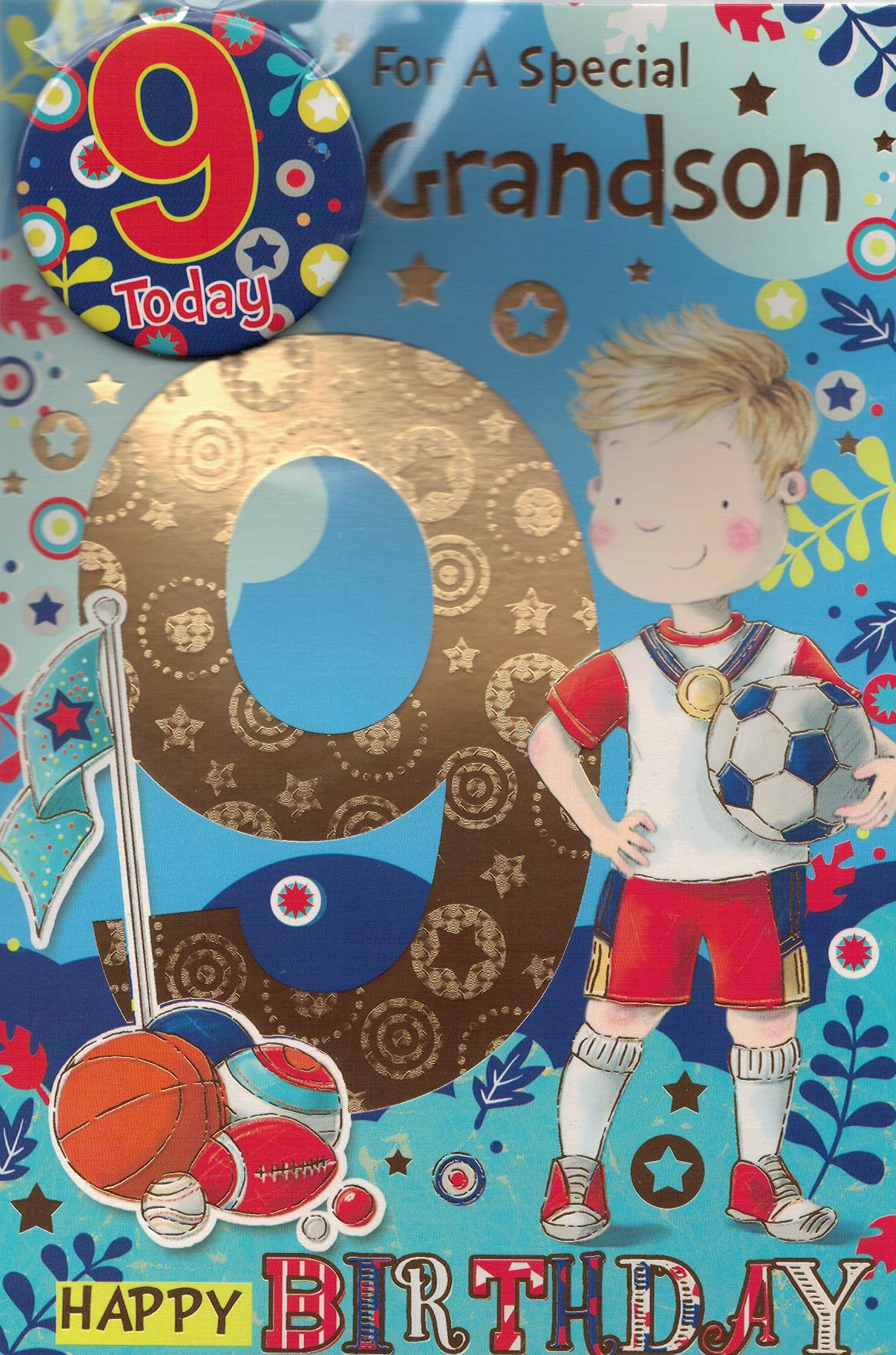 GRANDSON AGE 9 NINE BIRTHDAY CARD WITH BADGE**9 X 6 INCHES**1ST CLASS POST**AE8**