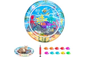 Baoyemes Cat Dog Water Mat, [2025 Newly Upgraded, Two Layers & Thickened] Ocean Themed Round Sensory, Non-Slip Playmat, Floating Fish, for Indoor Cats Kitten, Durable & Easy-Clean (Octopus)