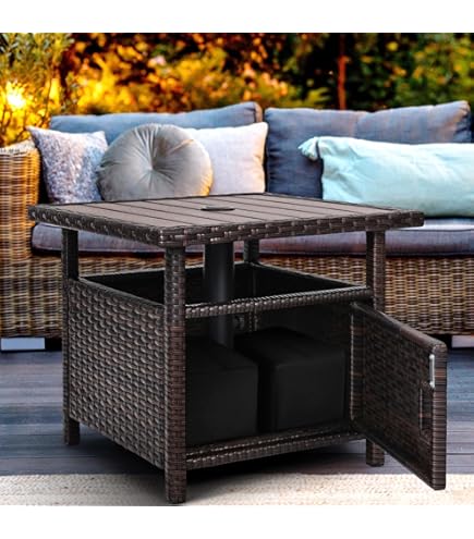 LUARANE Rattan Umbrella Side Table, Outdoor Wicker Stand Table with Umbrella Hole Steel, Suitable for Gardens, Balconies, Poolside (HDPE Tabletop) : Patio, Lawn & Garden