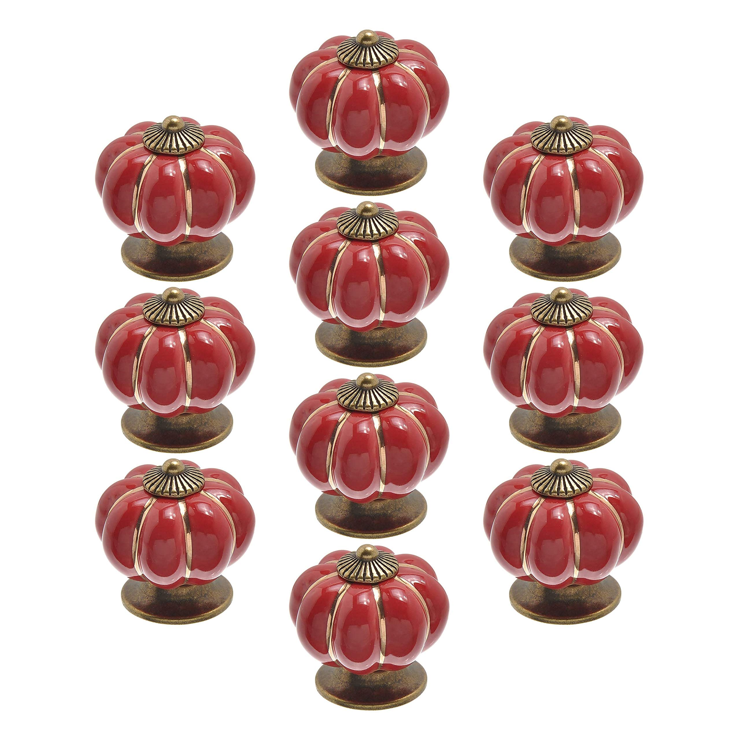 POFET 10pcs Ceramic Door Knobs Vintage Pumpkin Cabinet Drawer Pulls Cupboard Handles Furniture Home Decoratin Red