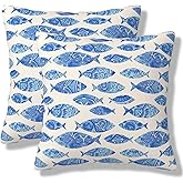 ZYLITHO Blue Fish Sea Animal Throw Pillow Covers Hand Drawn Style Square Pillow Cases 18x18 Inch Set of 2 Marine Artwork Pillowcase Decorative Cushion Cover for Home Bedroom Couch Sofa