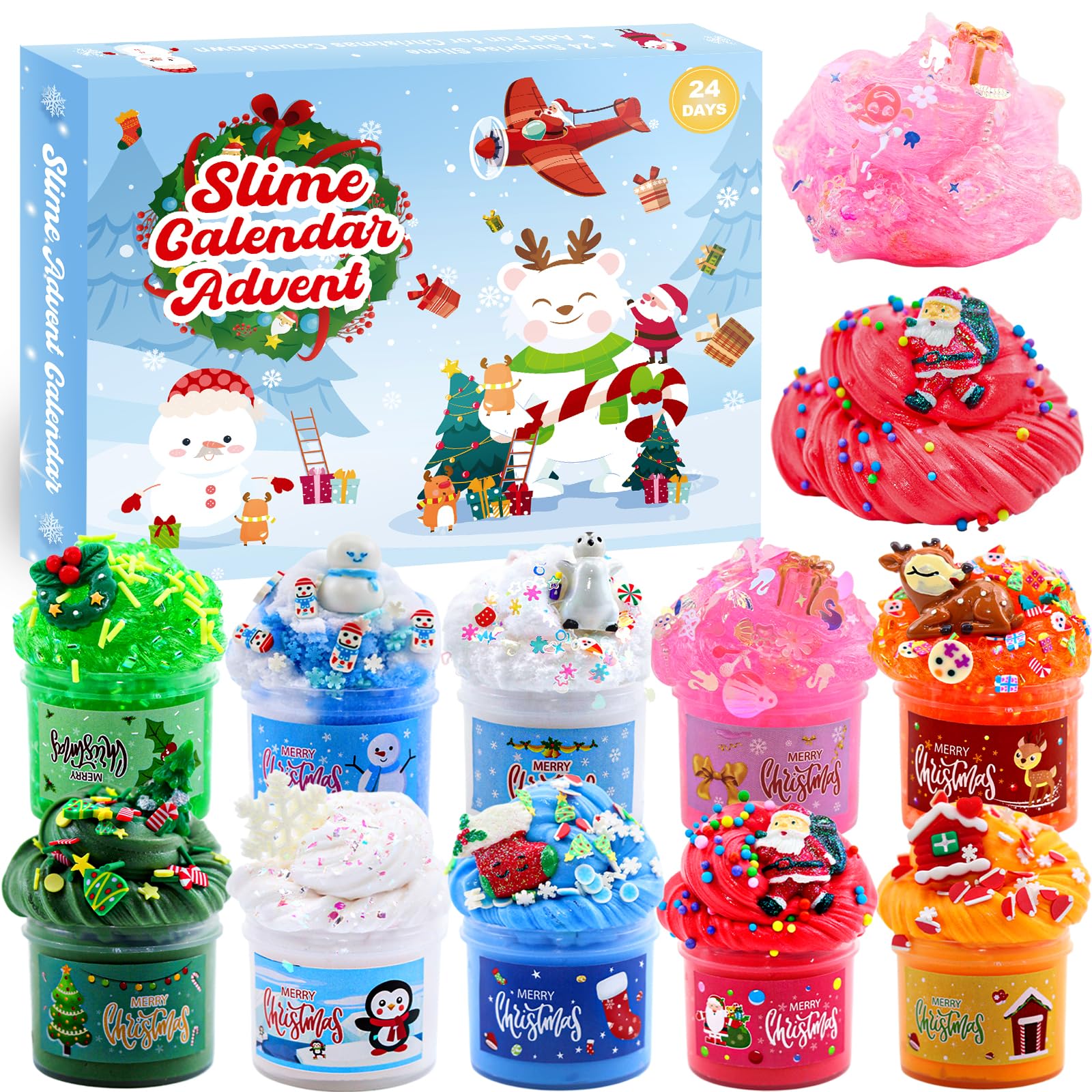 Slime Advent Calendar 2025 for Kids-Christmas Countdown Calendars 24 Days of Surprises with Different Texture Slime Toy Kit Funny GIfts for Toddler Teens Girls 4 5 6 7 8 9 10 11 12 Year Old