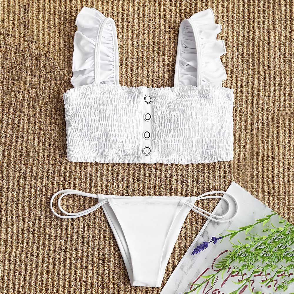 hannea smocked frayed hem bikini top with thong bottoms