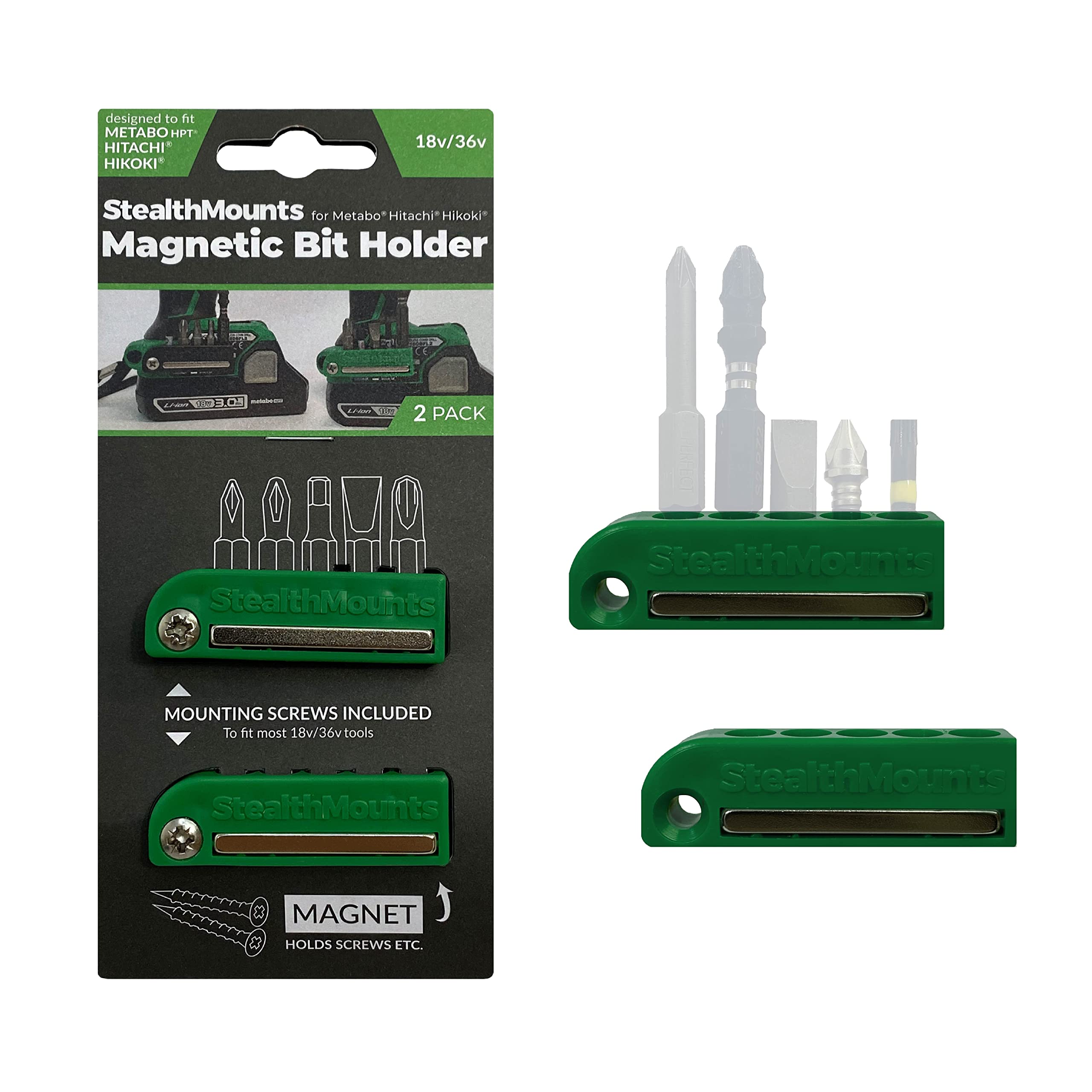 StealthMounts Green Magnetic Bit Holder Compatible with Metabo HPT/Hitachi/Hikoki 18v & 36v | Drill Bit Organiser | Perfect Bit Holder Drills and Impacts (2 Pack)