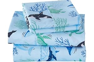 Viviland 3 Pieces Boys Blue Ocean Twin Sheet Set - Soft Microfiber Fitted Flat Sheets & Pillowcase - Blue Ocean Whales, Sea T