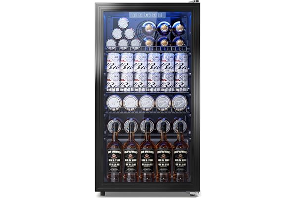 3.2 Cuft Beverage Fridge, 130 Can Mini Fridge With Glass Door, Black | Adjustable Shelves for Wine & Beer, Digital Temp Display, Freestanding for Home & Office, Quiet Compressor Cooling