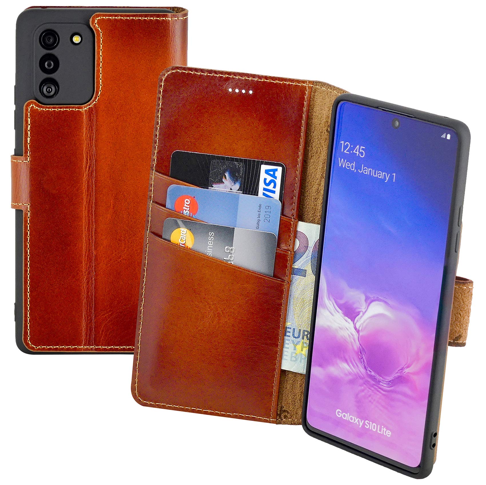 Suncase Book-Style Case compatible with Samsung Galaxy S10 Lite (2020) Leather Case (Slim-Fit) Leather Case Cell Phone Case Protective Case with 3 Card Slots in Burnt-Cognac