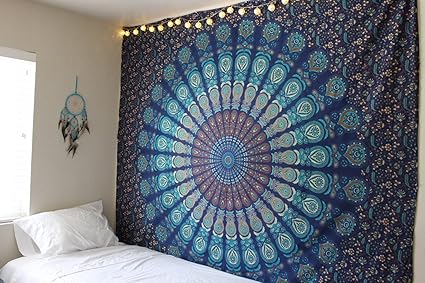 Heyrumbh Handicrafts Blue Mandala Tapestry For Wall Hanging, Beach Throw, Bedsheet, Table Cover,54 X 84,Blue