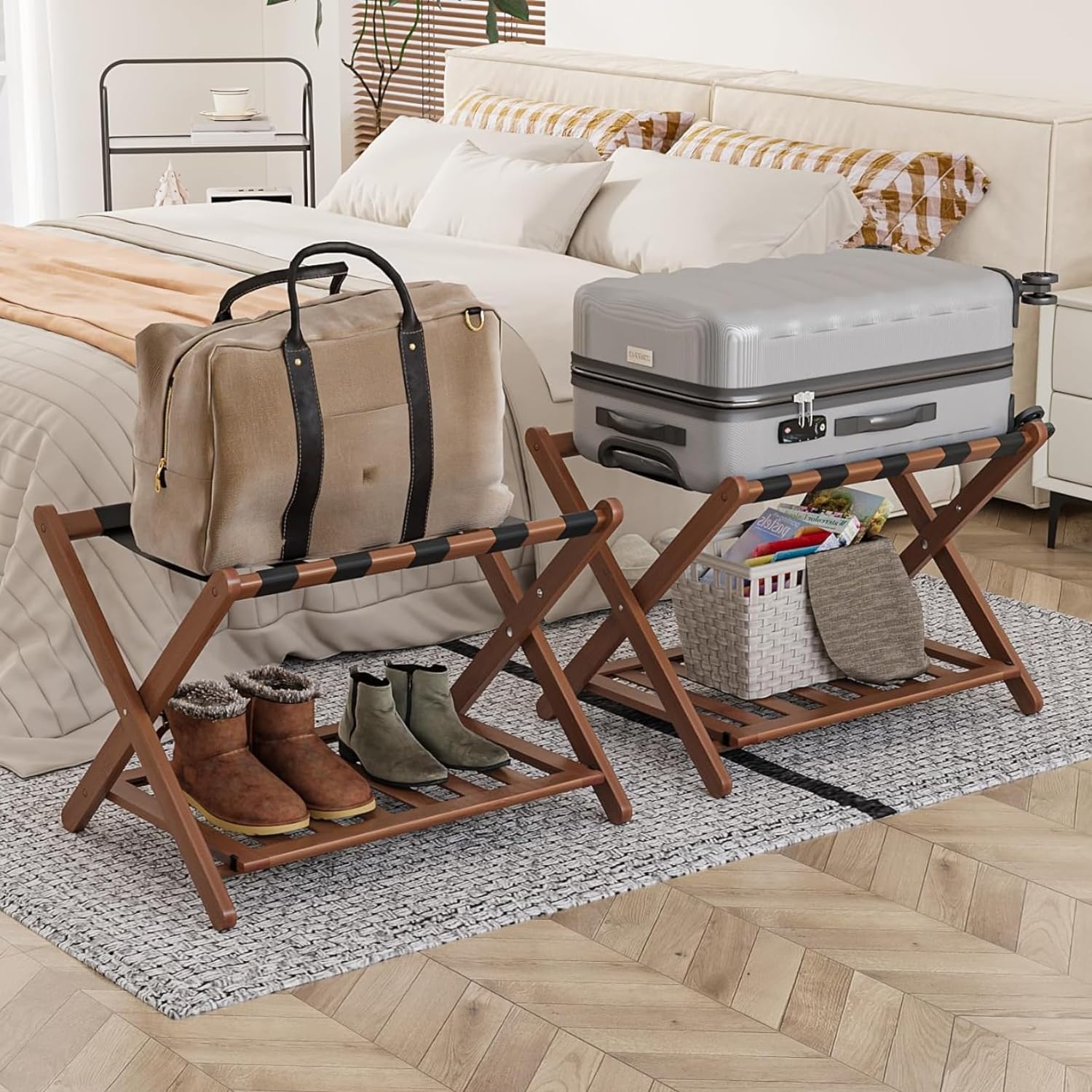 Photo 1 of ****Partial set****
Smart FENDEE Fully Assembled Walnut Luggage Racks, 5 Nylon Straps Folding Suitcase Stand, Bamboo Luggage Stands with Storage Shelf, Ideal for Guest Room, Bedroom, Hotel