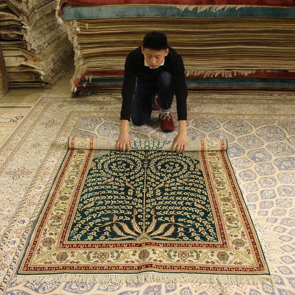 Amazon Com Yilong Carpet 4 X6 Silk Persian Rugs Tree Of Life Design Handmade Tabriz Carpets Small Oriental Rugs Clearance Area Rug For Bedroom Living Room Office Green Tree Birds Kitchen Dining