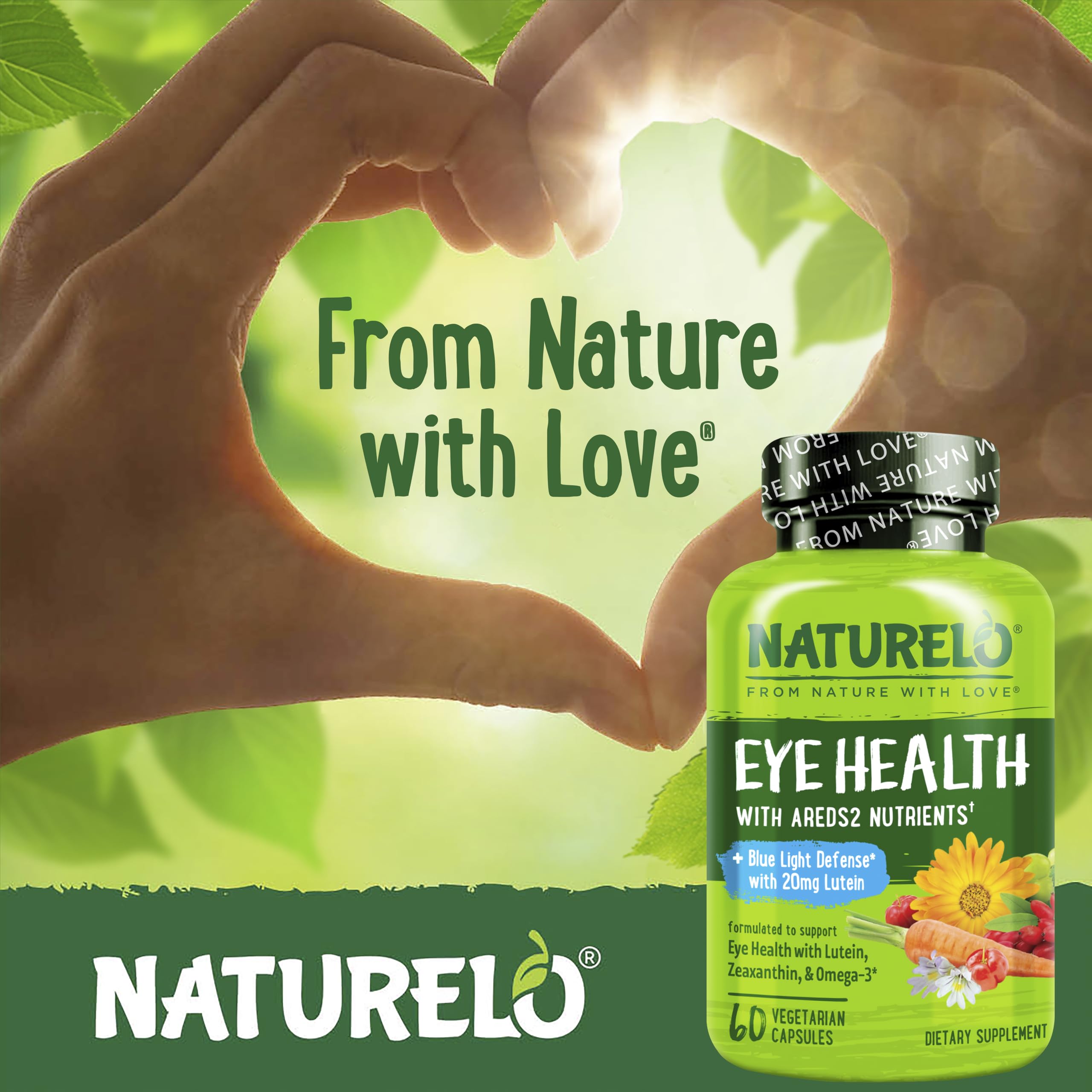 NATURELO Eye Vitamins - AREDS 2 Formula Nutrients with Lutein, Zeaxanthin, Vitamin C, E, Zinc, Plus DHA - Supplement for Dry Eyes, Healthy Vision, Eye Support - 60 Vegan Capsules