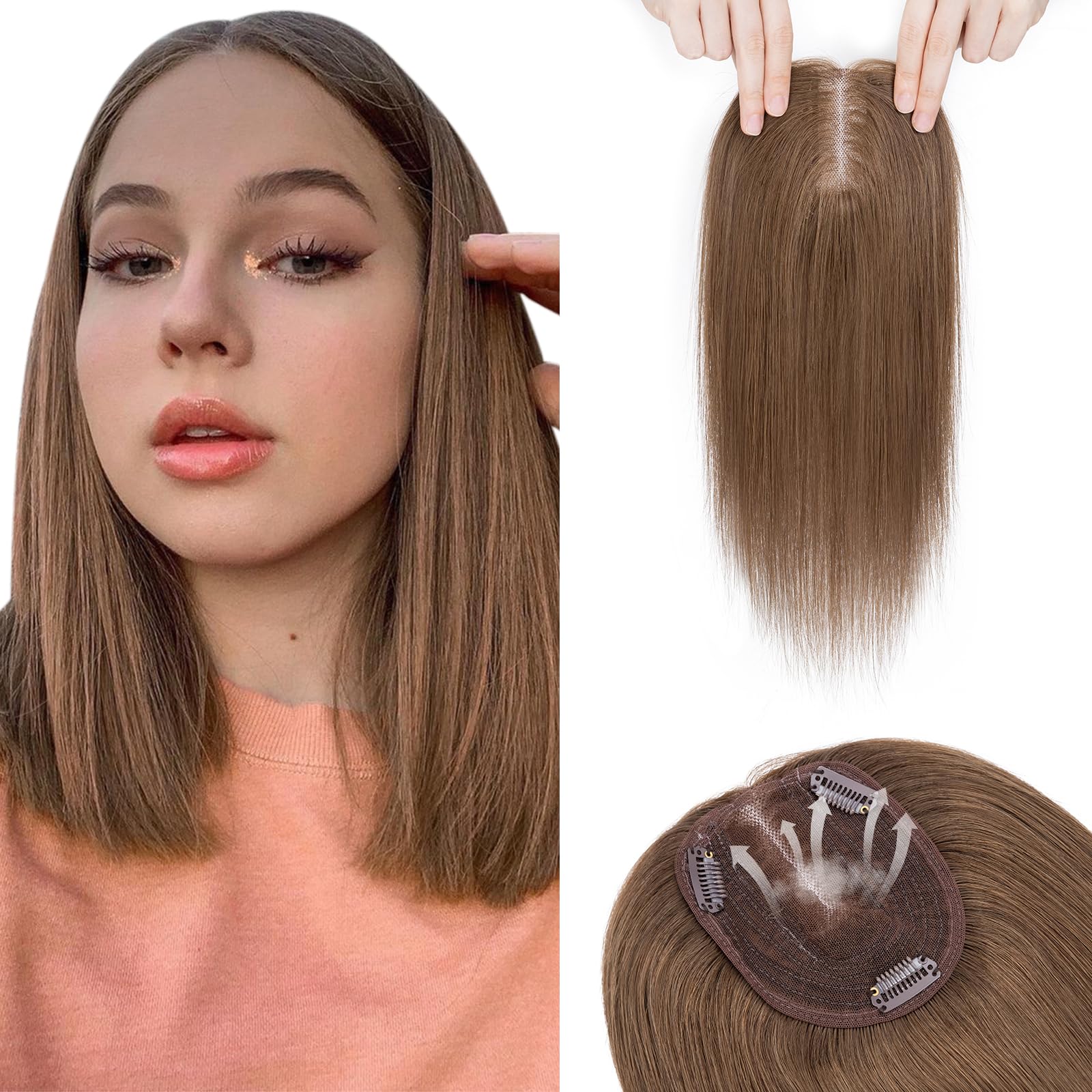 Photo 1 of Hairro 100% Human Hair Topper No Bangs, Real Clip in Hair Hairpieces for Women, 3.94x4.72" Silk Base for Thinning Receding High Hairline, 10 Inch Medium Brown Middle Part