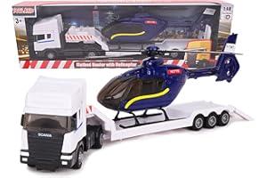 Toyland® Scania Flatbed Hauler with Helicopter - 1:48 Scale - Free Wheel - Transport Vehicle Toys - Vehicle Collectables - Boys Toys (White Truck/Blue Helicopter)
