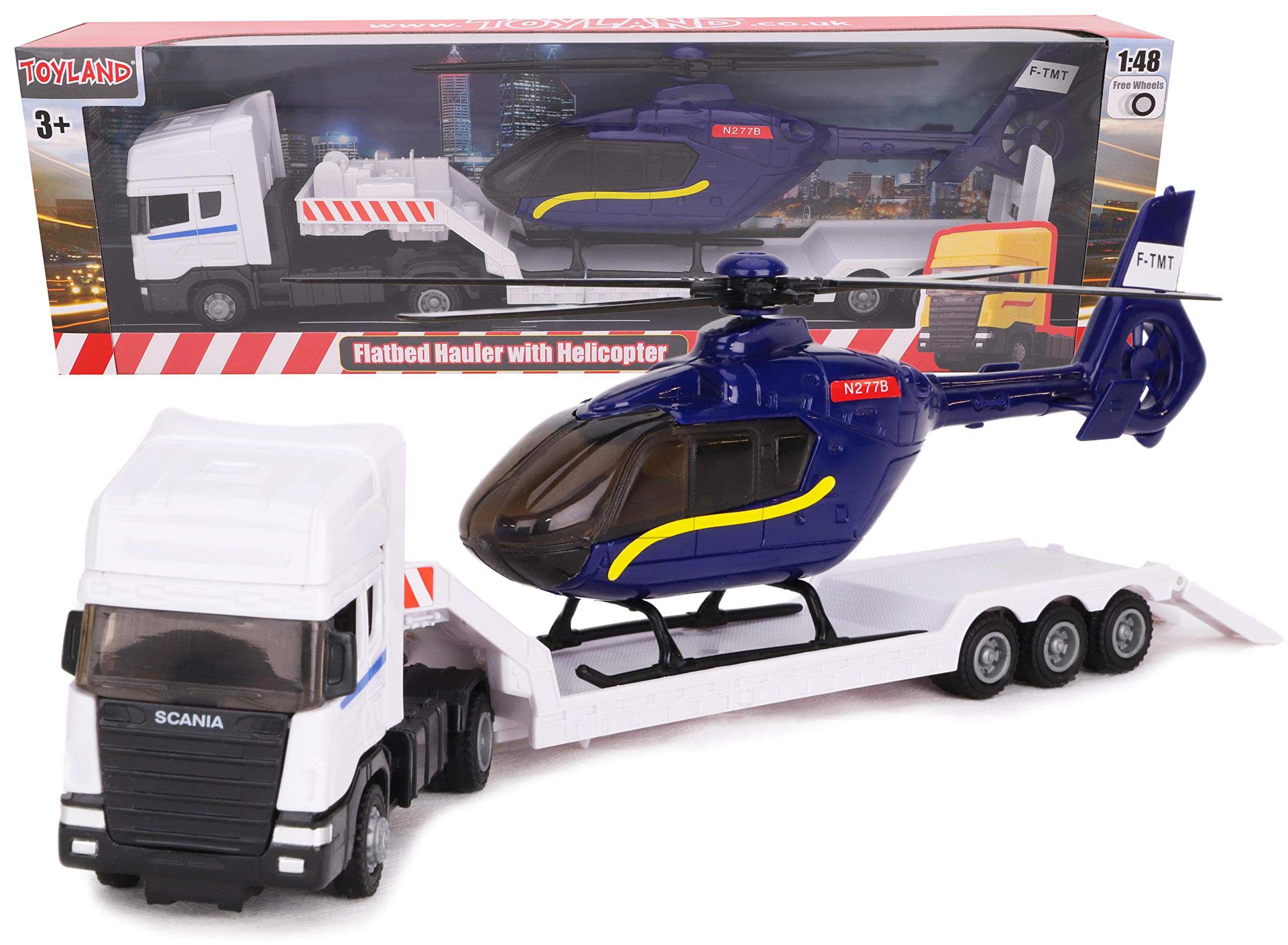 Toyland® Scania Flatbed Hauler With Helicopter - 1:48 Scale - Free Wheel - Transport Vehicle Toys - Vehicle Collectables - Boys Toys (White Truck/Blue Helicopter)