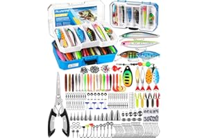 PLUSINNO Fishing Tackle Box with Tackle Included, 373PCS Fishing Lures Kit with Removable Tray, Fishing Gear with Pliers, Weights, Hooks, Accessories, Fishing Tackle Lure Kit Gifts for Men Bass Trout
