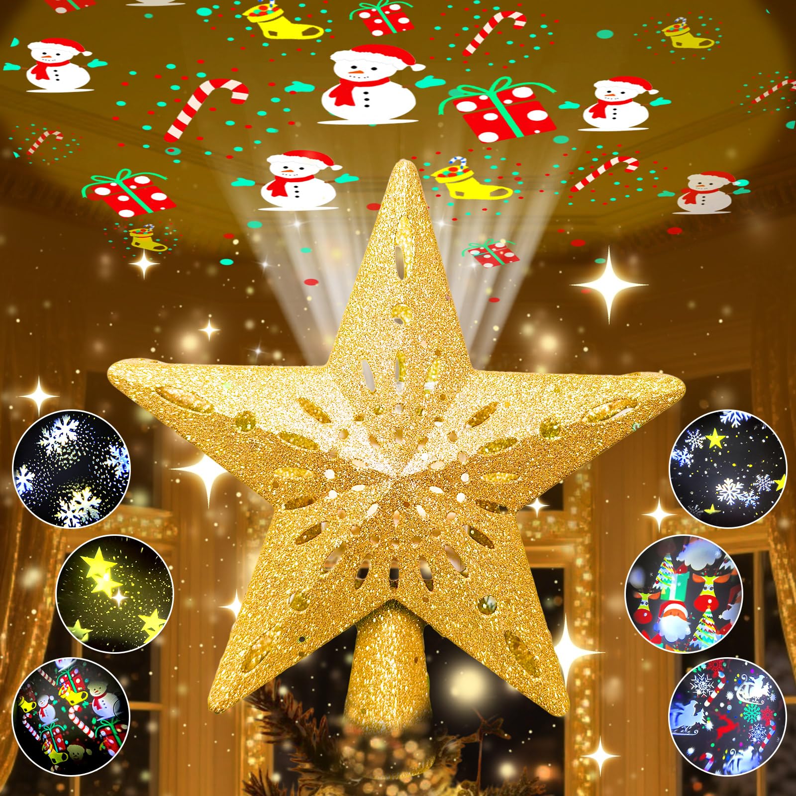 Photo 1 of 10.23 inch Christmas Star Tree Topper Projector with 6 Patterns Gold Star Christmas Tree Topper Plug in for Indoor Office Xmas New Year Holiday(Gold, 6 Patterns,3m Cable)