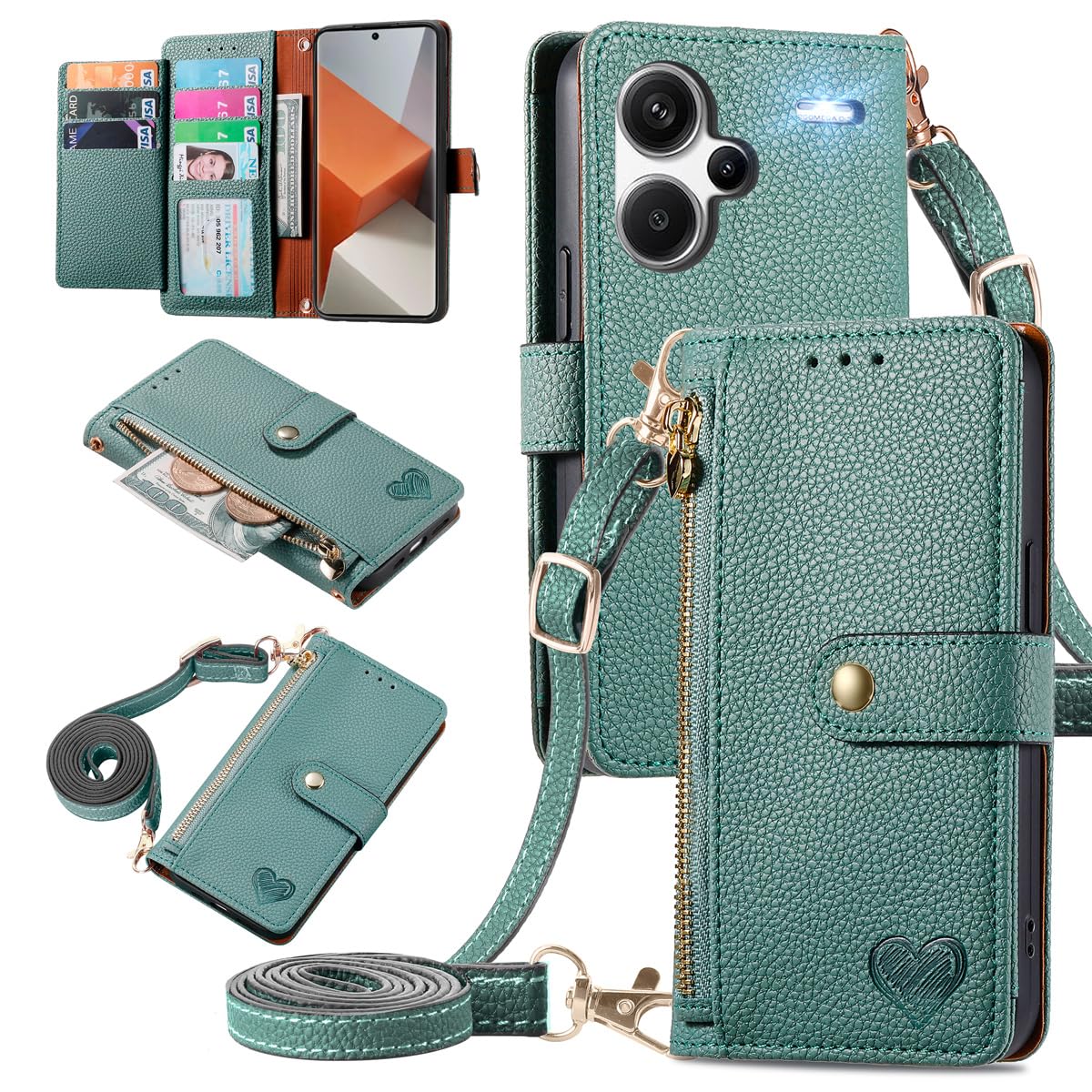 MOJIA Flip Case For Xiaomi Redmi Note 13 Pro+ (Plus) 5G, Leather Zipper Flip Wallet Case Cover [with Shoulder Belt], Card Holder Multifunctional Anti-fall Phone Shell. Green — image 1