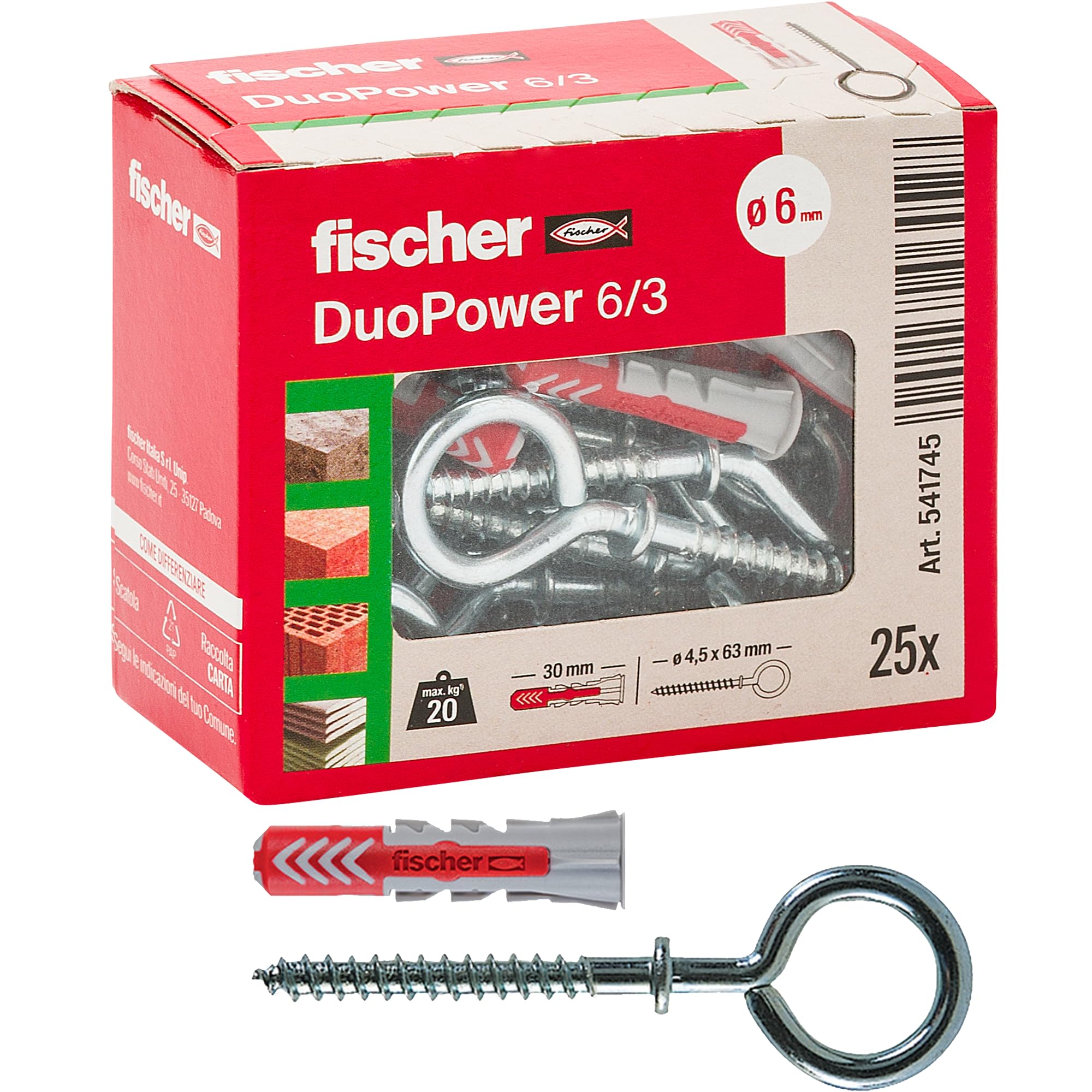 Fischer 25 x Duopower Dowels with Closed Eye, 6 x 30 mm, Universal, for Solid Wall, Perforated Brick, Drywall, 541745, Grey/Red, 25 Pieces