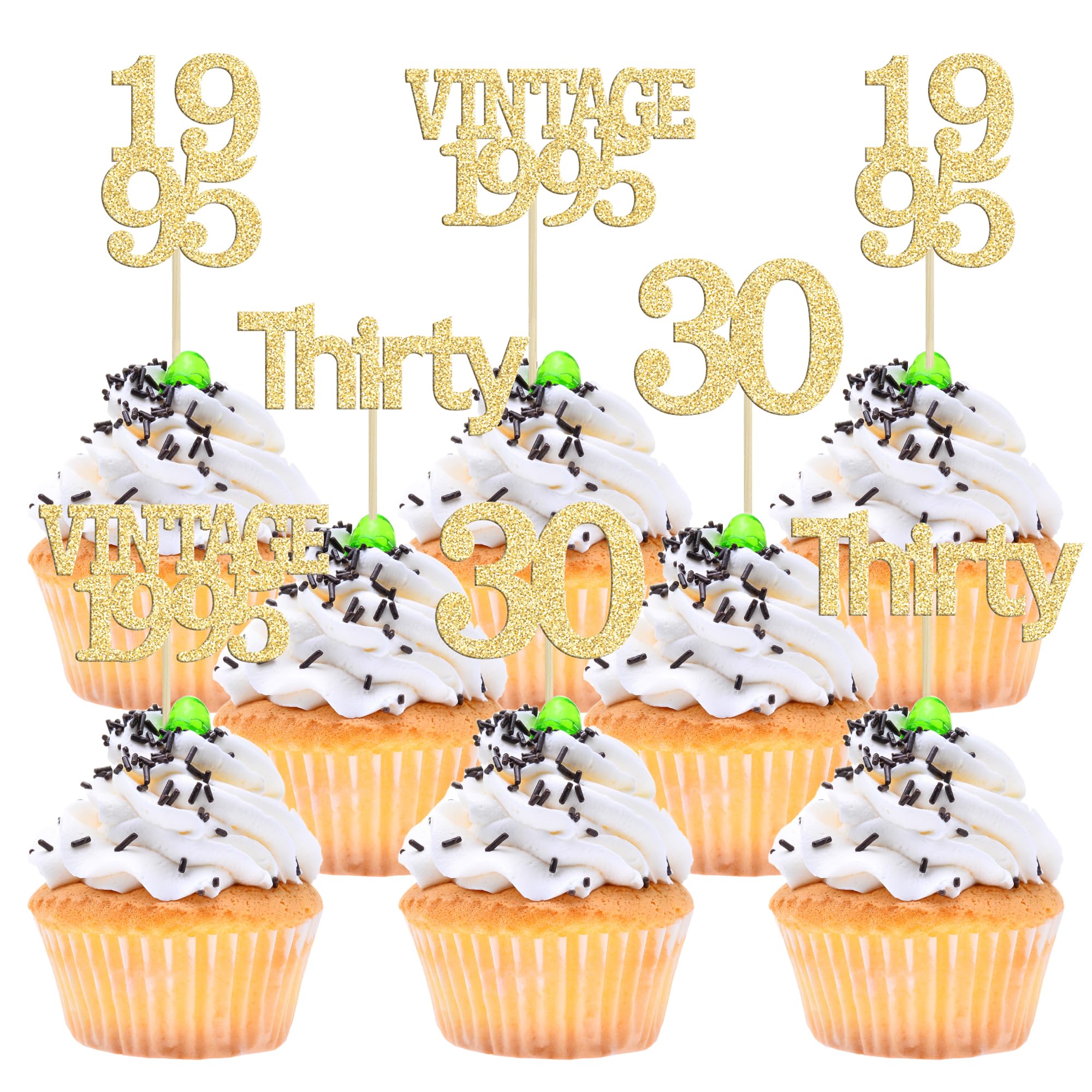 Gyufise 24Pcs Happy 30th Birthday Cupcake Toppers Glitter Thirty 30 Fabulous Vintage 1995 Cupcake Picks for 30th Birthday Wedding Anniversary Party Cake Decorations Supplies Gold