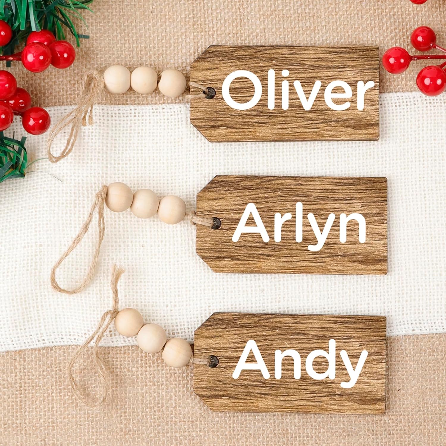 Stockings & Holders - Christmas Decorations-12PCS Christmas Stocking Name Tags -DIY Unfinished Personalized Blank Bead Wood Tag -Farmhouse Xmas Stocking Hanging Tag for Christmas Stocking