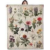 SOMEKLLY Vintage Botanical Flower Throw Blanket Soft Cozy Lightweight Flannel Blankets with Retro Floral Illustration Printed for Women Bedroom Dorm Office Nature Plant Decor Gifts 50x60 Inch