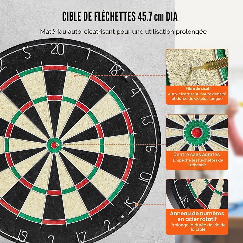 Cible de Fléchettes et Armoire Prêt à Jouer, Armoire à Fléchettes de Taille Officielle, Jeu de Fléchettes à Pointe en Acier, Assemblage Facile, Accessoires Complets, pour Jeux de Cricket