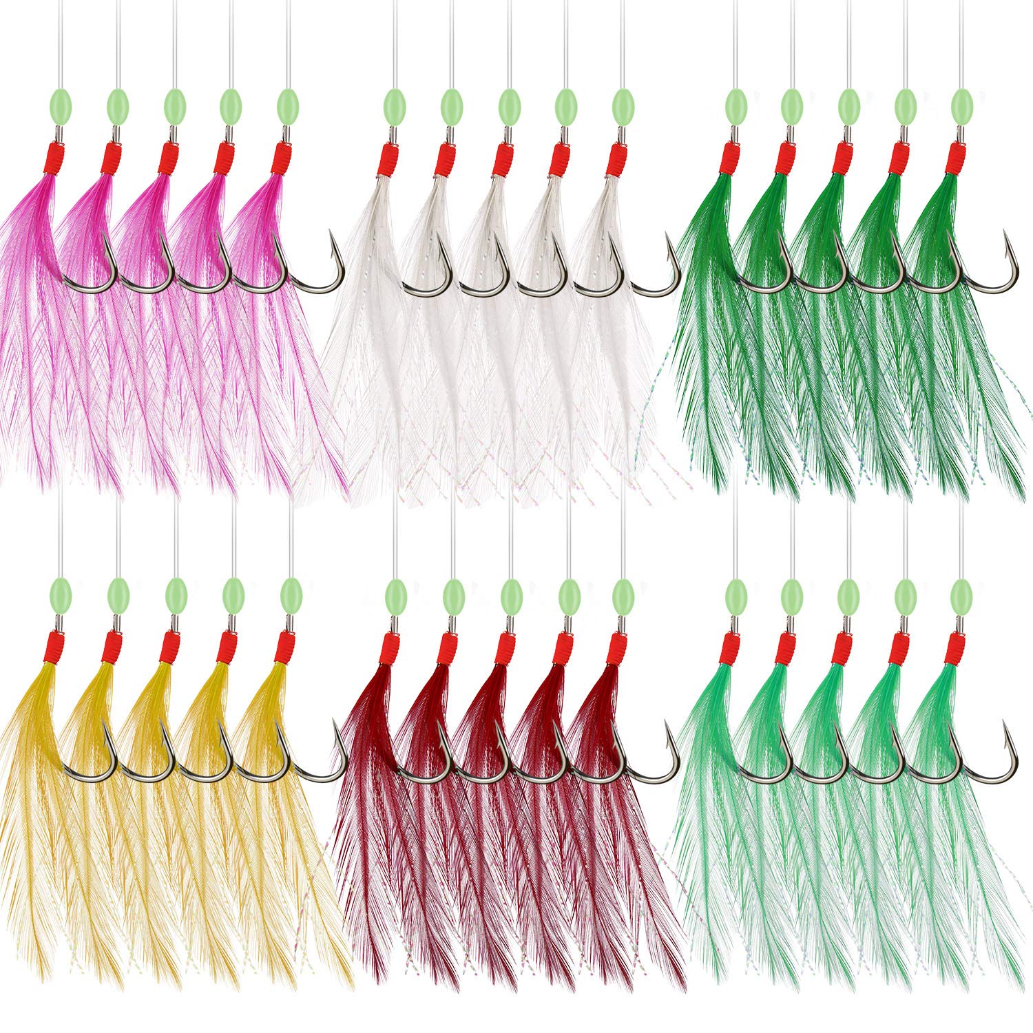 Rodeel 6 Packs/30 Hooks Mackerel Feathers Sea Boat Beach Pier Lure Fishing Rigs, 5 Hook Positions/Feather Rig๏ผ6 Colors Selection Pack