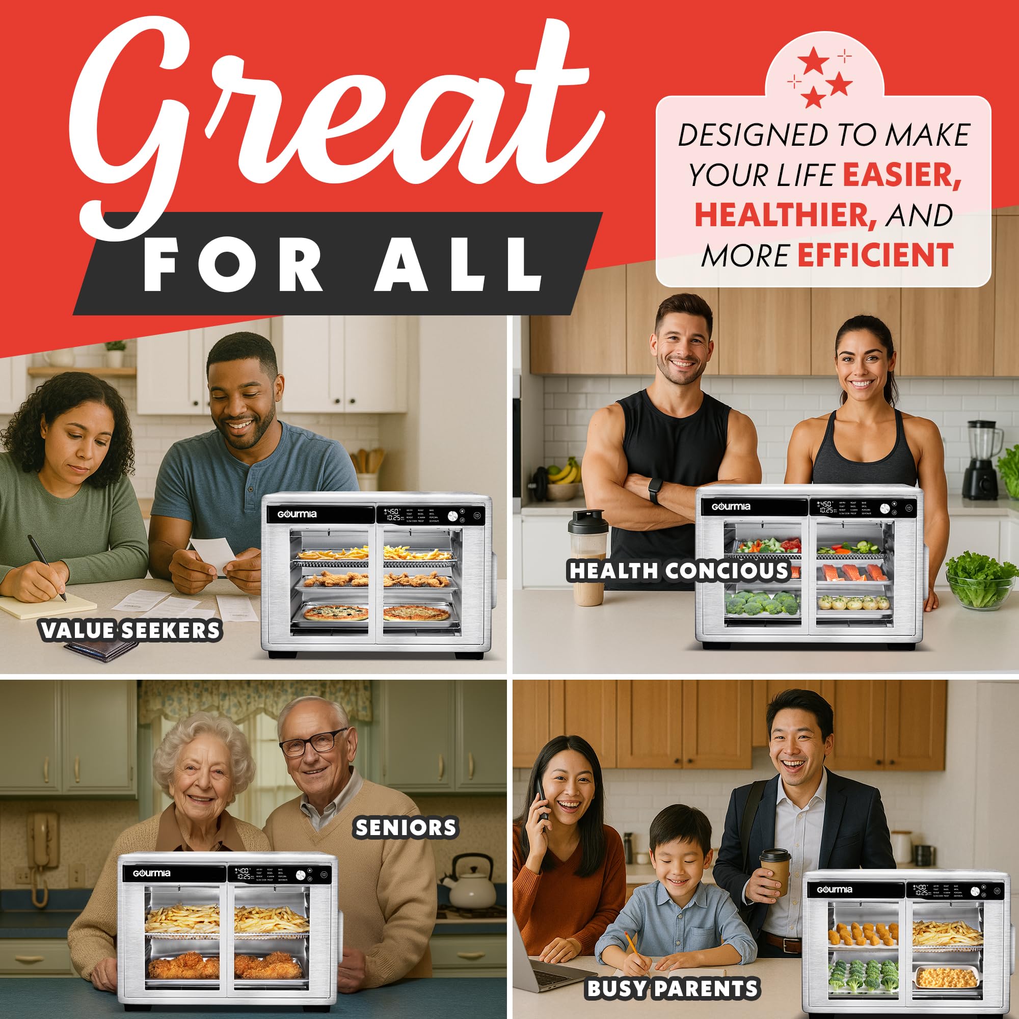 Horno freidora de aire digital Gourmia con puerta francesa - Capacidad XL 37QT, 12 presintonías, tecnología FryForce 360°, deshidratación, prueba, cocción lenta, se adapta a pizza de 13", 1700W, acero inoxidable