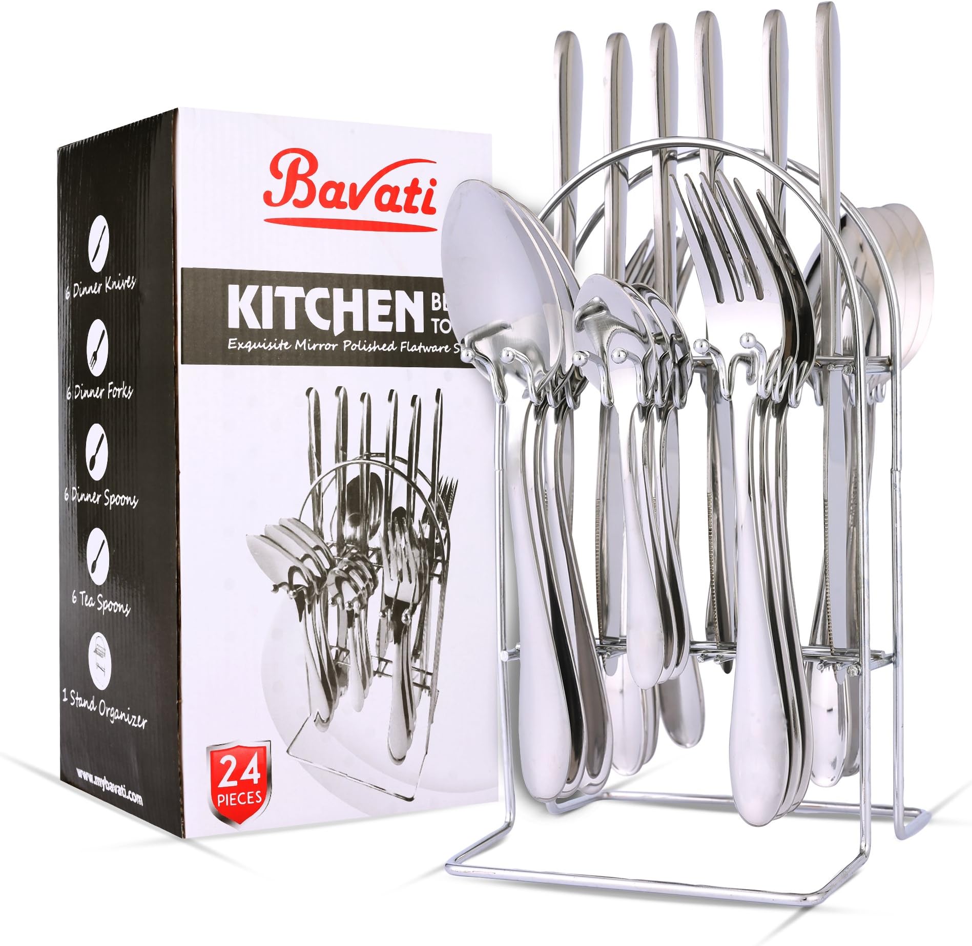 Bavati Mirror Polished & Dishwasher Safe Kitchen Stainless-Steel Flatware Silverware Set Service for 6 with Stand Organizer, Dinner Knives, Forks, Spoons, Teaspoons Set