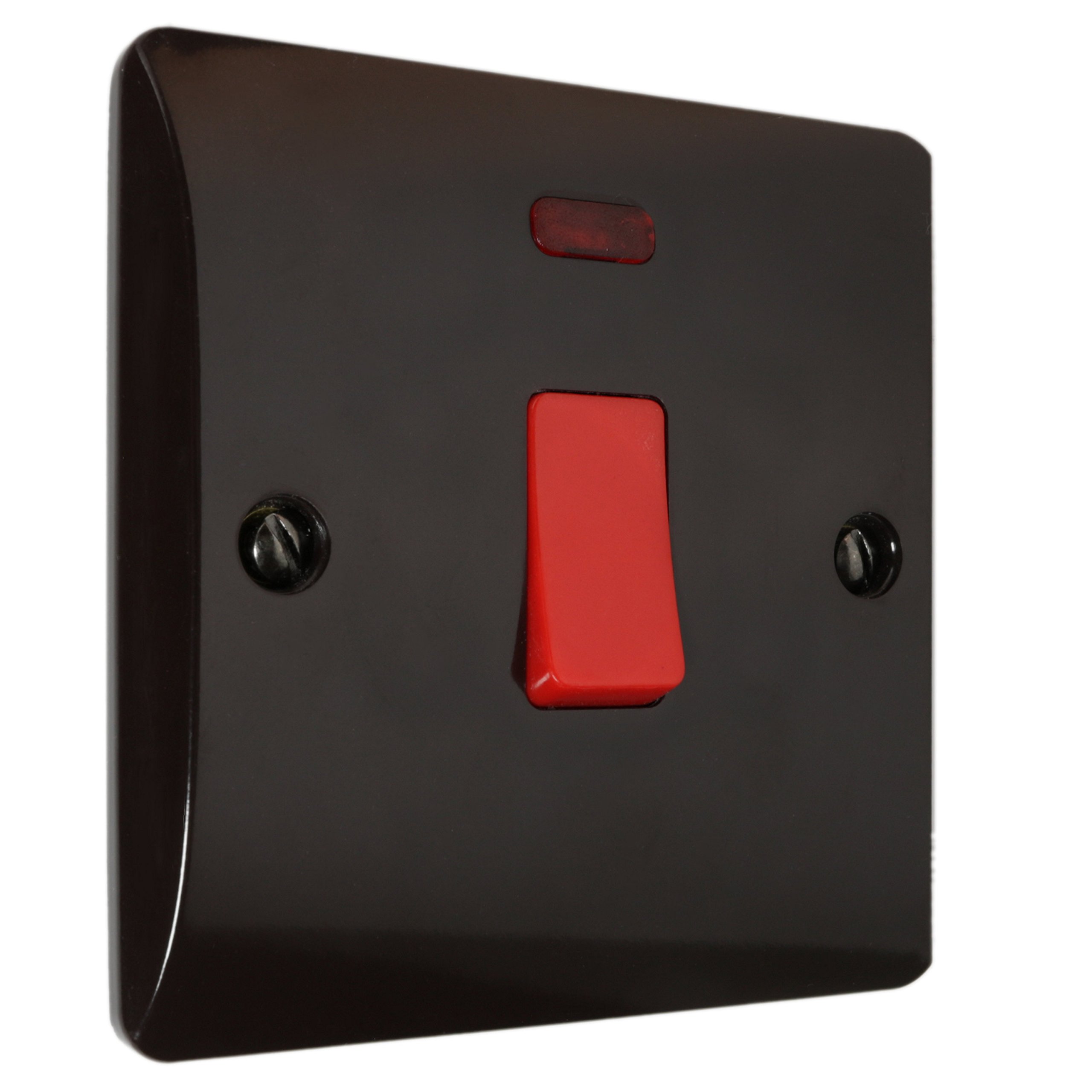 1Gang 45Amp Dual Pole Switch with Neon Indicator in Vintage Period Style Bakelite Dark Brown Part of the eXalt V1.0 Brand Standard UK DP 1-Gang 45 Amp DP