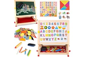 Kids Wooden Easel Double-Sided Tabletop Drawing Board Magnetic Whiteboard Chalkboard Table Easel with Letters Numbers and Oth