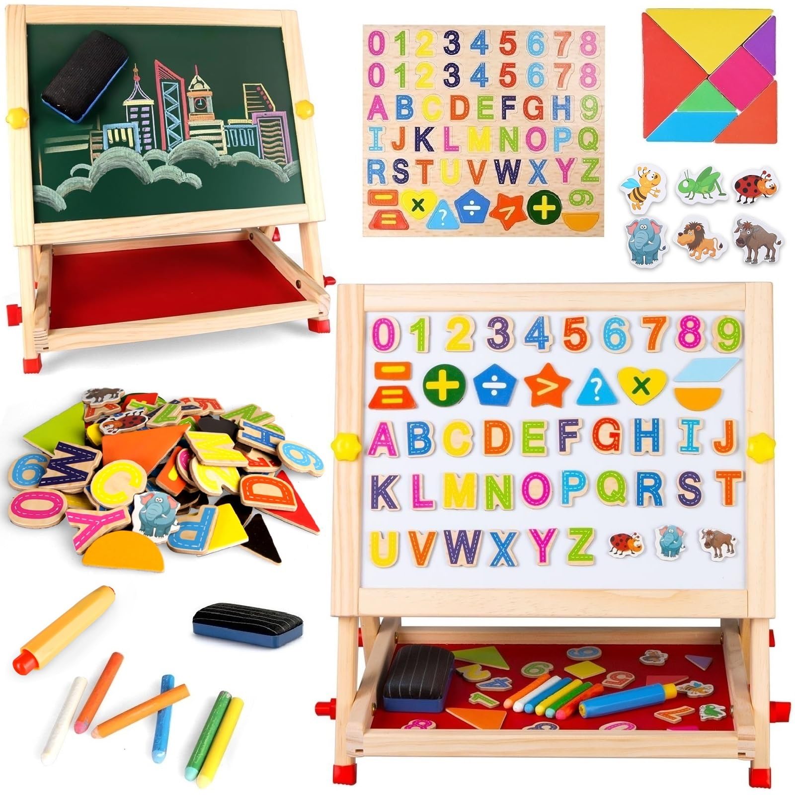 Boderam Kids Wooden Table Easel Double-Sided Tabletop Drawing Board Magnetic Whiteboard Chalkboard with Letters Numbers and Other Accessories for Boys Girls 3 4 5 6 7 8 Year Old
