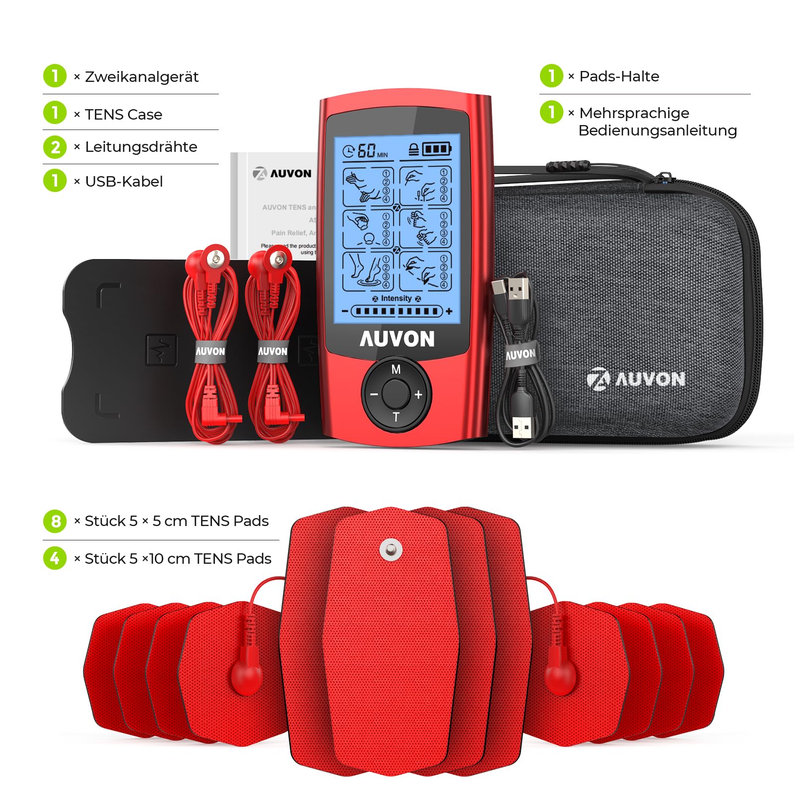AUVON TENS Device with EVA Carry Case, Rechargeable Stimulation Device for Pain with 24 Training Programmes, 2 Channels Red TENS Device Pain Therapy, 12 Premium Electrodes with Patented Design