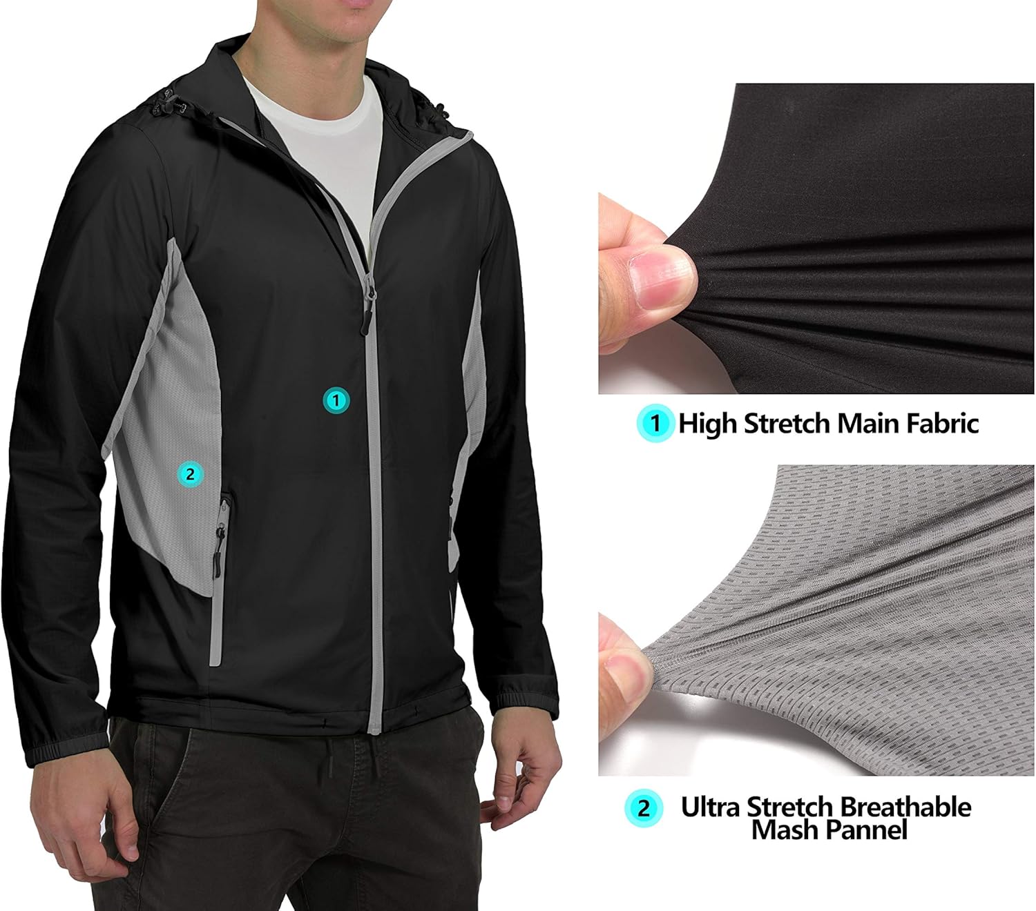 Mapamyumco Men's UPF 50+ Breathable 4-Way Stretch Packable Jacket Light Hooded Running: Clothing