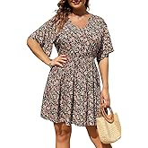 Nemidor Womens Plus Size Summer Dress Floral Print Boho Swing Short Sleeve V Neck Casual Mini Dresses with Pocket