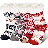 Nagill 4 Pairs Christmas Women's Fuzzy Slipper Socks Fleece Christmas Slipper Socks Thick Warm Xmas Sock for Xmas Winter Party favor Supplies(Classic Style)
